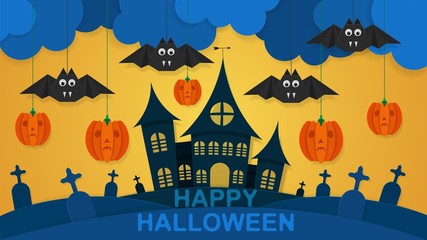 Happy Halloween. Festive background for the party. Paper cut style. Bats and pumpkins are suspended on strings. Castle and tombstones. Cut paper background style.