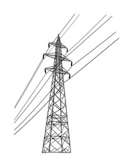 High voltage power line electric transmission tower vector silhouette isolated on white. Electricity consumption, production and distribution. Electric tower post pylon with cables. - obrazy, fototapety, plakaty