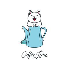 Coffee Time. Kawaii illustration of a happy cat sitting in a coffee pot isolated on white background. Vector 8 EPS.