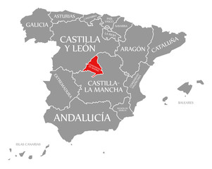 Community of Madrid red highlighted in map of Spain