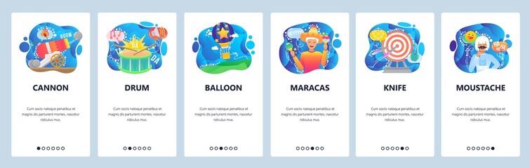 Mobile app onboarding screens. Circus show performance and stunt, maracas, cannon, moustache, balloon. Menu vector banner template for website and mobile development. Web site design flat illustration