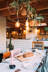  professional kitchen with white tiles and christmas decoration