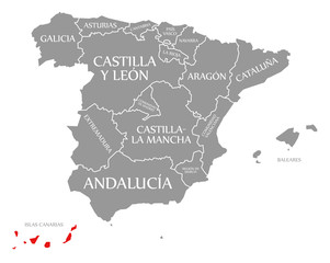 Fototapeta na wymiar Islas Canarias red highlighted in map of Spain
