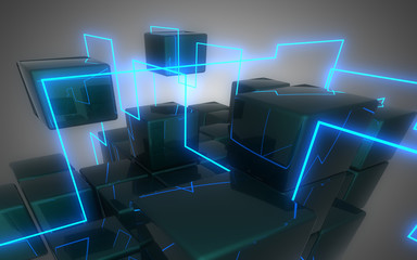 3d neon cubes construction. 3d illustration