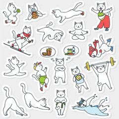 Set of healthy lifestyle stickers. Funny illustration of cute white cats doing physical activity. Vector 8 EPS.