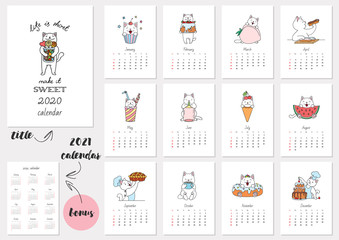 Life Is Short - Make It Sweet. Monthly calendar 2020 template with cute white cats and sweets. Bonus - 2021 calendar. Vector illustration 8 EPS.