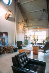 living room interior with fireplace, christmas tree and midcentury modern furniture. Taxidermy deer on wall.