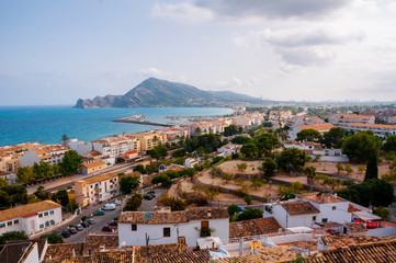 Obraz premium Aerial view of white houses of old town Altea, Spain with beach and beautiful coastline