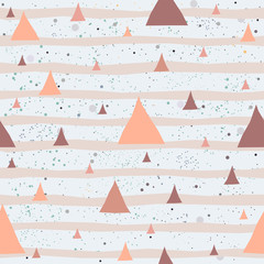 Cute Pattern with Golden triangles with pastel blue stripes. beige background with tiny dots.