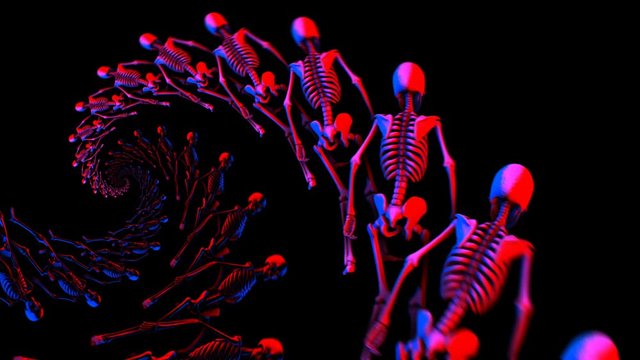 Spiral halloween abstract background. Seamless animation of red and blue skeletons in a twirl.