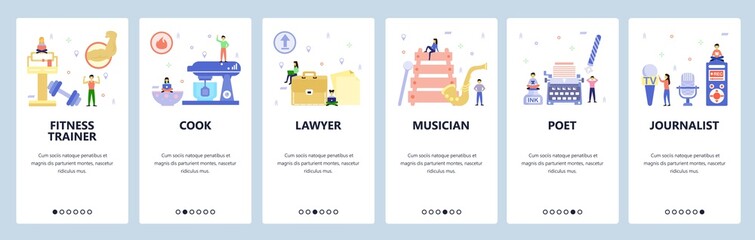 Mobile app onboarding screens. Professions, lawyer, musician, writer, journalist, fitness trainer. Menu vector banner template for website and mobile development. Web site design flat illustration