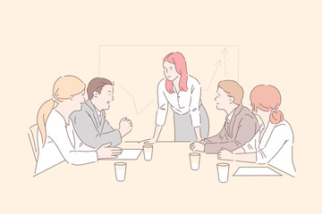 Conference room meeting concept. Lady boss communicating with top managers, analyzing market trends, growth statistics, business partners discussing company development strategy. Simple flat vector