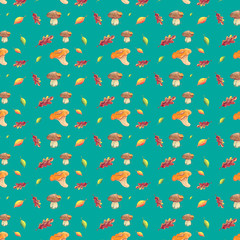Seamless pattern watercolor foliage and mushrooms on white background.