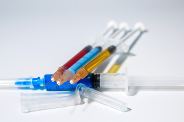The concept of medical injections for cosmetology and new invented drugs. Set of medical syringes...