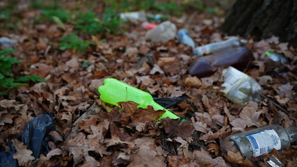 Garbage in the Park or forest, an empty bottle lying on the ground. The concept of environmental pollution, environmental problems of nature.