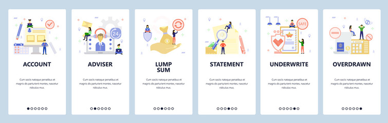 Mobile app onboarding screens. Money investment business and banking, underwrite, statement, bank account, financial adviser. Vector banner for website and mobile development. Web siteillustration