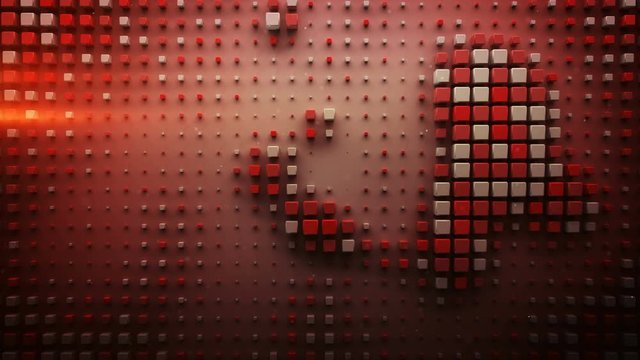 Red cubes appear on a plane. Abstract dynamic background. Seamless loop 3D render animation