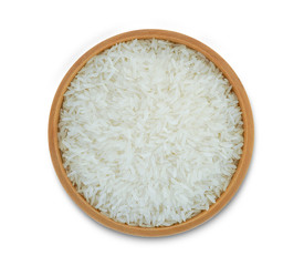 uncooked rice in wooden bowl isolated on white background with clipping path. 