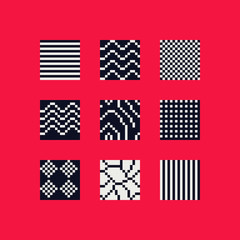 Fototapeta na wymiar Abstract seamless tiles logo set pixel art style background. Isolated vector monochrome illustration. 8-bit. Design for stickers, logo, mobile app.