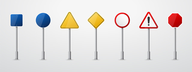 Road signs. Vector red, green and yellow empty road sign mock up with place for text or symbol