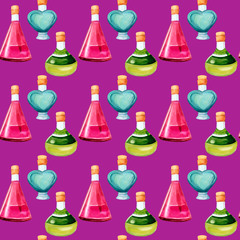 Watercolor seamless pattern with colourful bottles on a purple background. Halloween watercolor pattern.