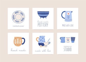 Handmade ceramics flat vector illustration set. Porcelain dishware collection. Decorative pottery workshop social media banners pack. Home and restaurant faience. Clean tableware made with love.