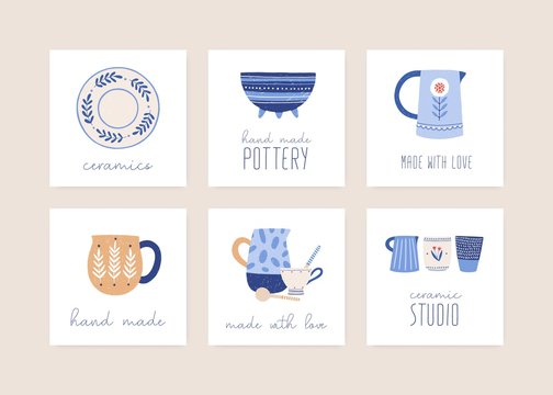Handmade ceramics flat vector illustration set. Porcelain dishware collection. Decorative pottery workshop social media banners pack. Home and restaurant faience. Clean tableware made with love.