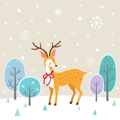Cute deer on winter wood background