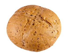 Wheat round bread with flax seeds isolated on a white background