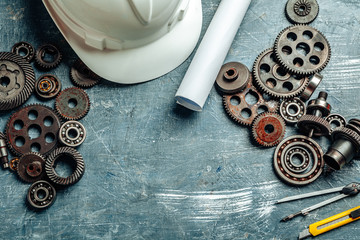 Machine engineer tools set on dark wooden background