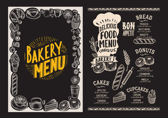 Bakery menu food template for restaurant with doodle hand-drawn graphic.
