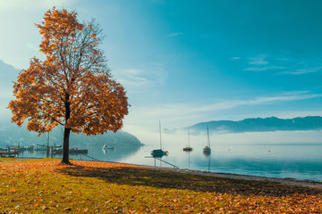 Backlit view of boats anchored at the Traunsee in Gmunden, OÖ, Austria with the Grünberg and the...