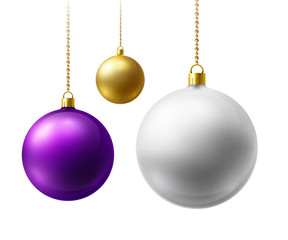 Realistic Multi-colored matte Christmas balls hanging on gold beads chains