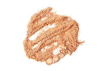Crumbled natural powder make up on white background.