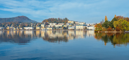 Fantastic view of the Traunsee and the skyline of Gmunden, OÖ, Austria, reflecting on the water surface