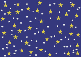 Fondo azul oscuro con estrellas amarillas y blancas.