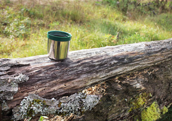 Green plastic thermo stainless steel mug put on a log on sunny day