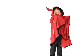 Portrait of little child girl dressed Halloween costume. Kid in Dracula coat isolated over white background with copy space.