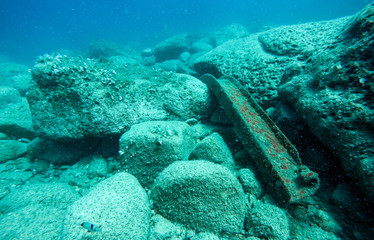 Marine pollution.  Rubbish underwater. Save the ocean.