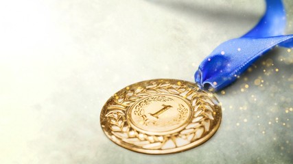 Gold medal with  ribbon  on  background