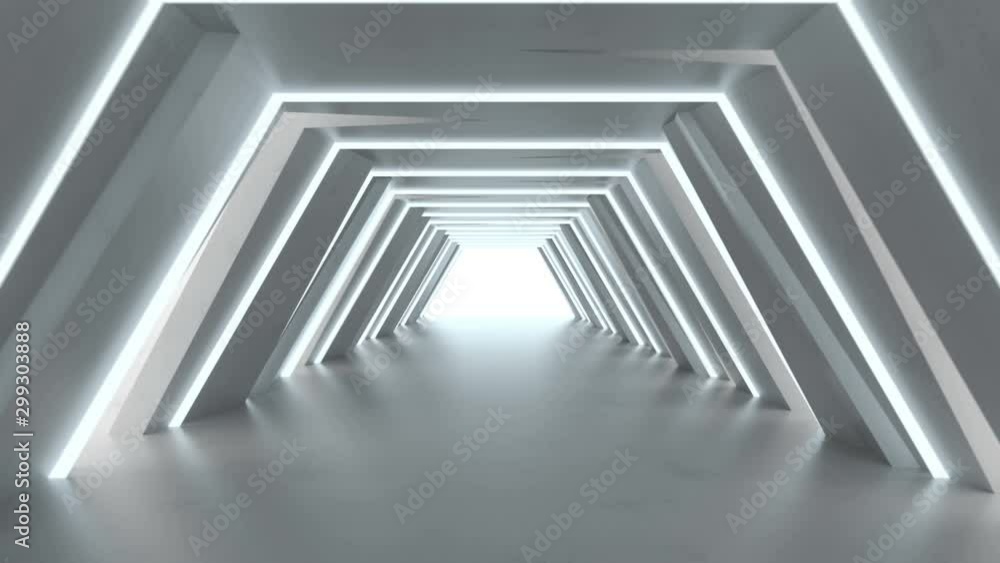 Poster futuristic tunnel with fluorescent lights. sci-fi interior corridor. 3d render seamless loop animati