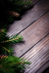 Christmas card close-up, fir tree with cones and gifts.