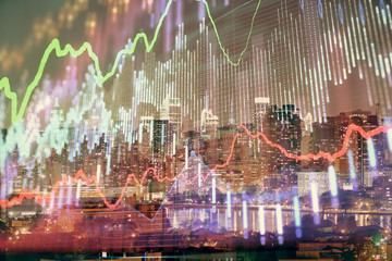 Fototapeta na wymiar Double exposure of forex chart drawings over cityscape background. Concept of success.