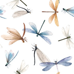 Naklejka premium Watercolor vector summer dragonfly insect colourful seamless pattern