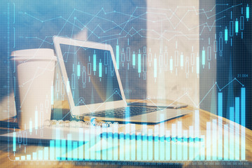 Multi exposure of forex graph and work space with computer. Concept of international online trading.