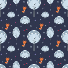 Colorful seamless pattern with cute fox and birds. Christmas vector background.