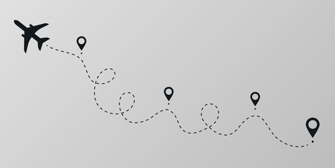 Airplane travel dotted route line. Vector plane way path destination, itinerary airplane graphic flight trip starting pin. Dashed air plane flights illustration