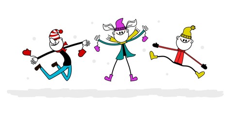 Happy winter vacation. Warmly dressed people in the jump. The concept of active rest and joyful pastime.