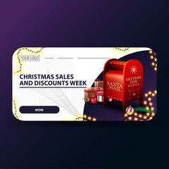 Christmas sales and discount week, white modern Christmas discount banners with rounded corners, garland and Santa letterbox with presents