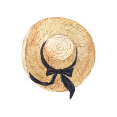 Straw hat with black ribbon. Handpainted watercolor illustration isolated on white background.